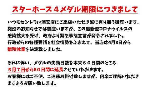 新型コロナウイルスの感染拡大に伴う「スターホース4、通常メダル期限についてのご案内」【2020年5月7日更新】