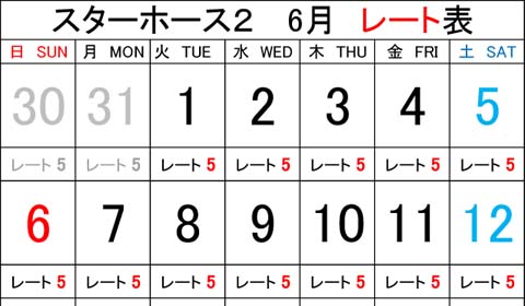 浦安店 2021年6月のスターホース2レート表