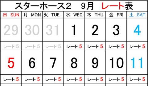 浦安店 2021年9月のスターホース2レート表