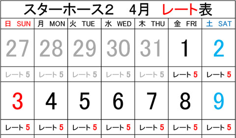 浦安店 2022年4月のスターホース2レート表