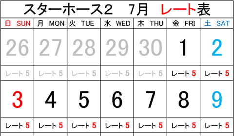 浦安店 2022年7月のスターホース2レート表